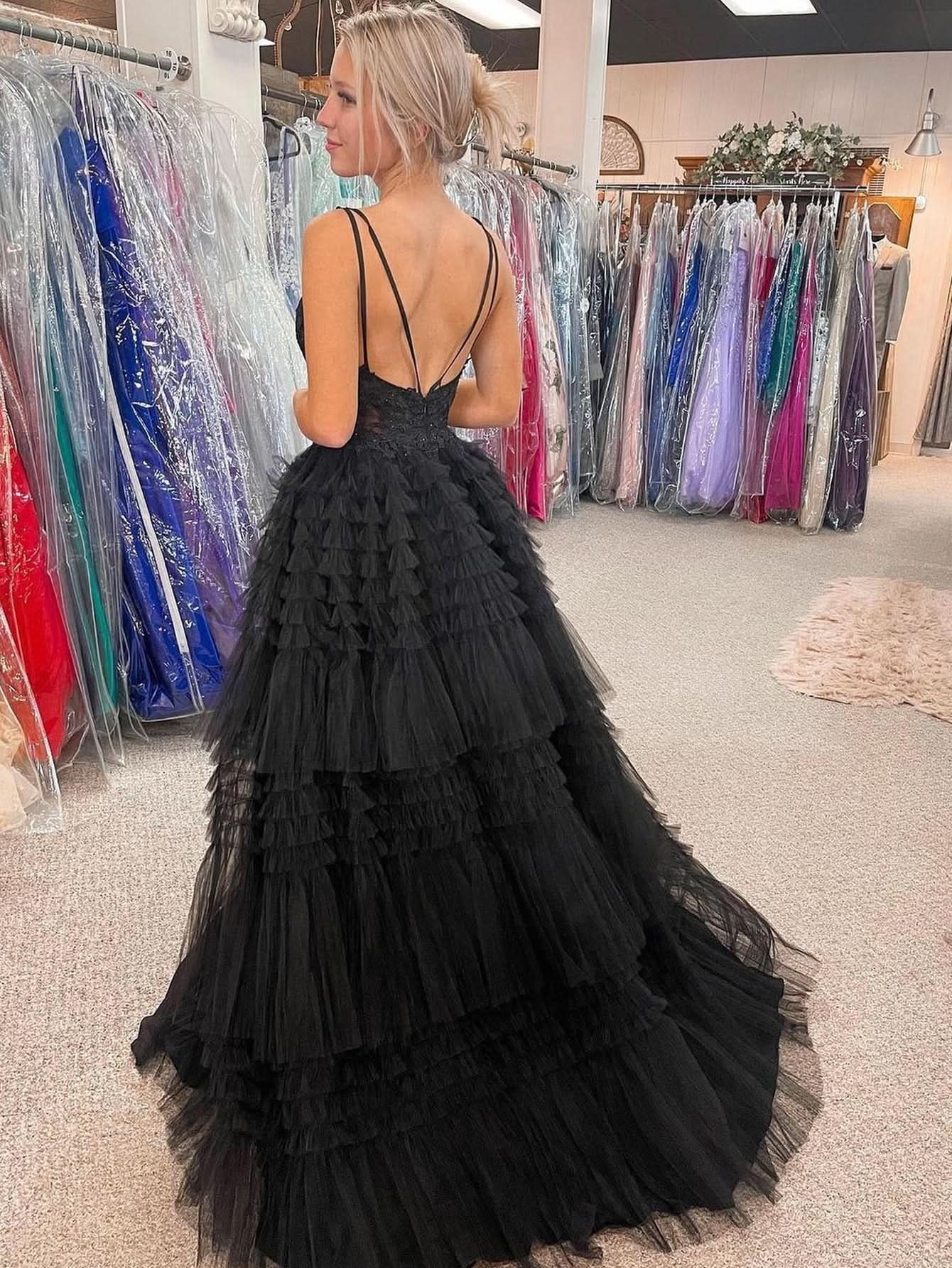Daring Black V Neck Asymmetrical Tulle Long Prom Dress BM bride