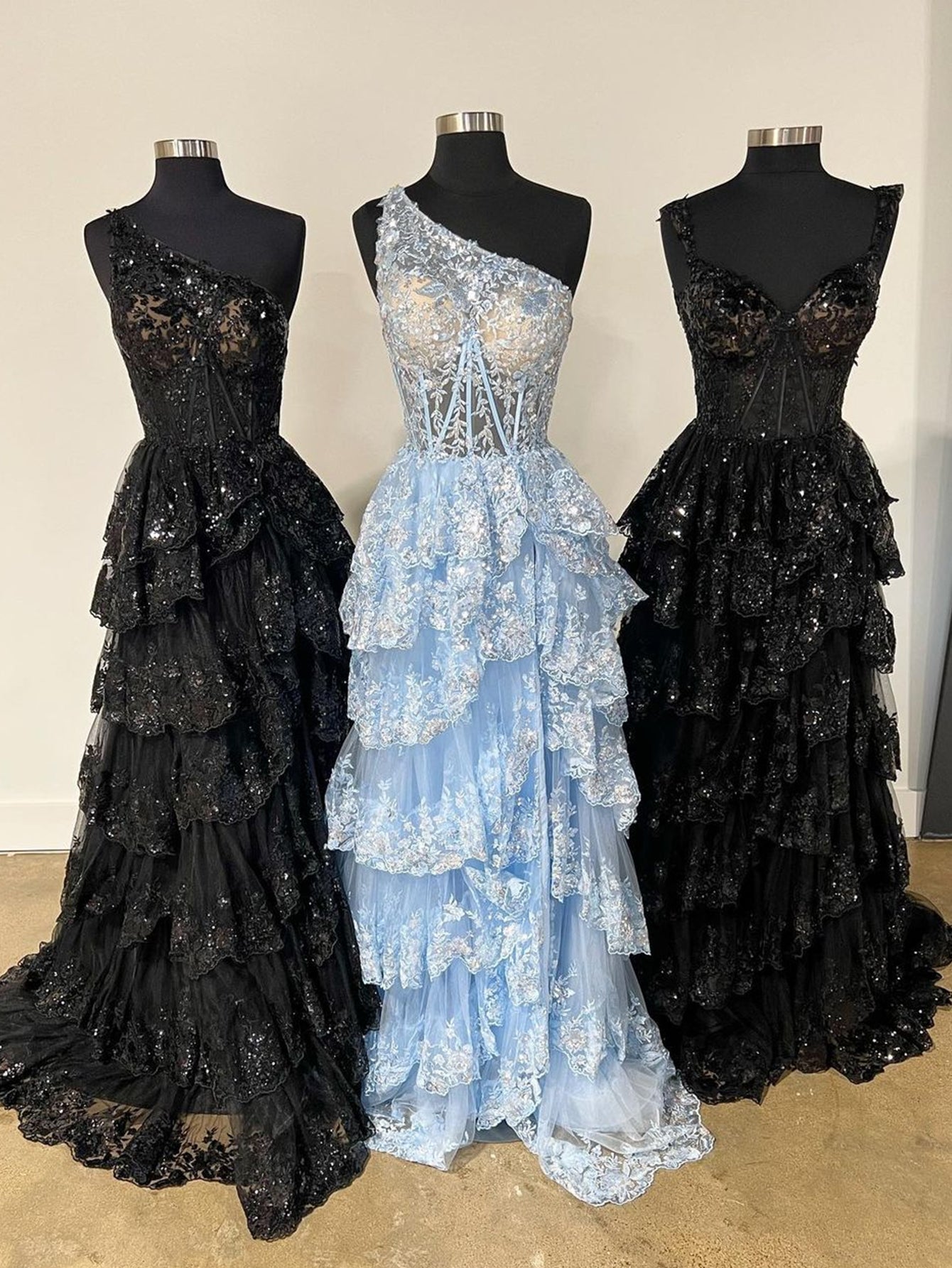 Beautiful Sheath One-Shoulder Tiered Lace Long Prom Dress BM bride