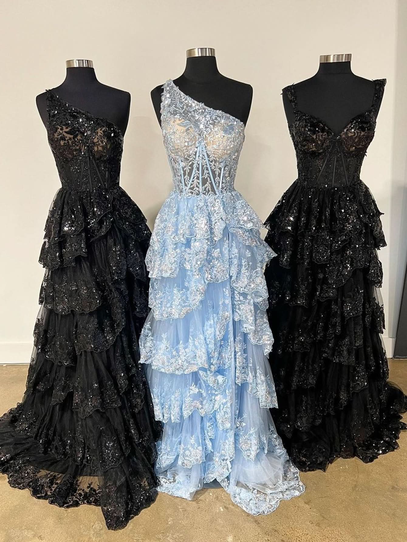 Beautiful Sheath One-Shoulder Tiered Lace Long Prom Dress BM bride