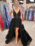 Daring Black V Neck Asymmetrical Tulle Long Prom Dress BM bride