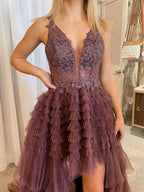 Daring Black V Neck Asymmetrical Tulle Long Prom Dress BM bride