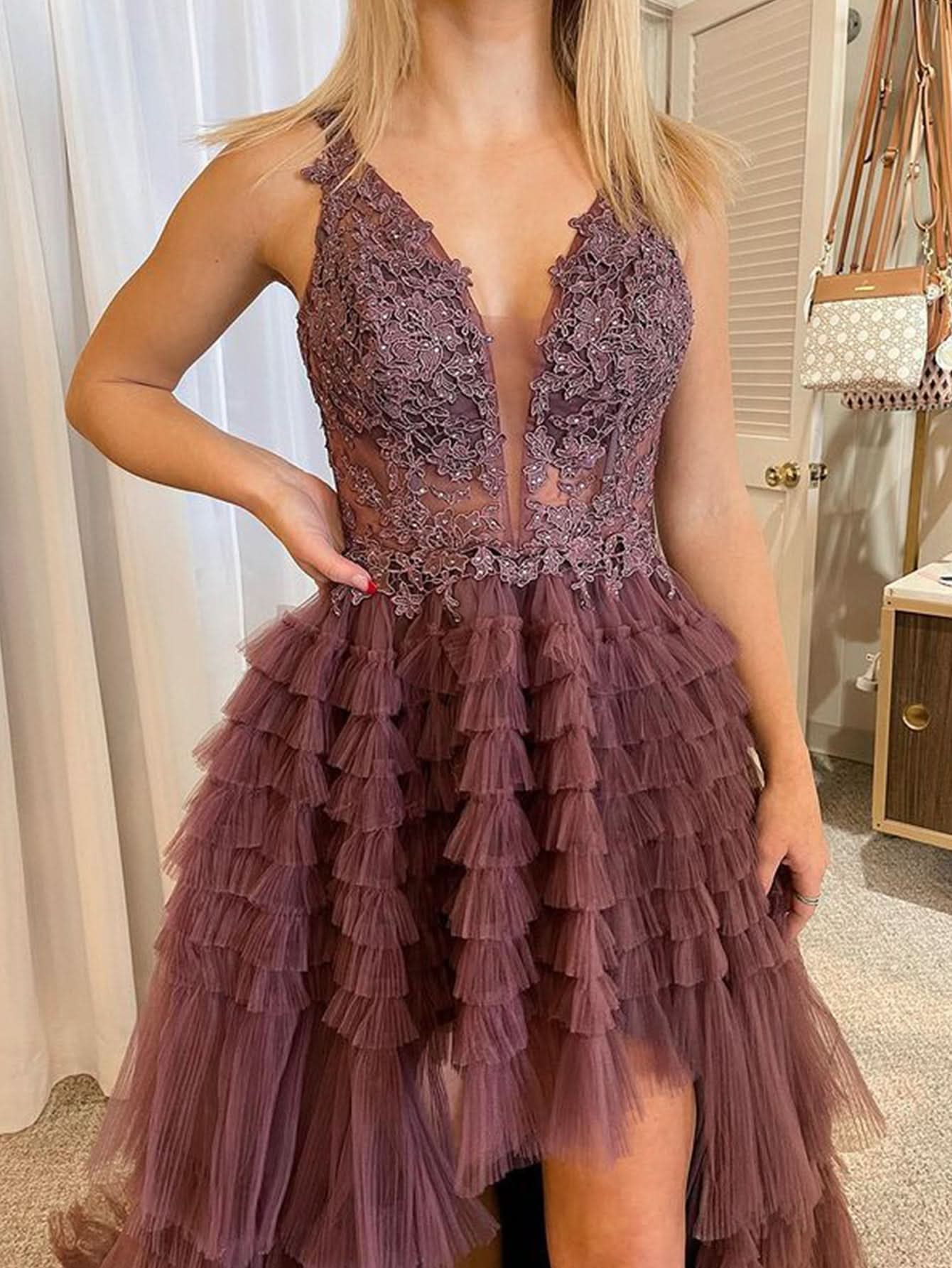 Daring Black V Neck Asymmetrical Tulle Long Prom Dress BM bride
