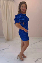 Sparkly One Shoulder Royal Blue Sequins Tight Short Homecoming Dress Bmbride