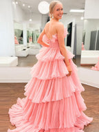 Charming Strapless A-Line Tiered Crinkled Tulle Prom Dress BM bride