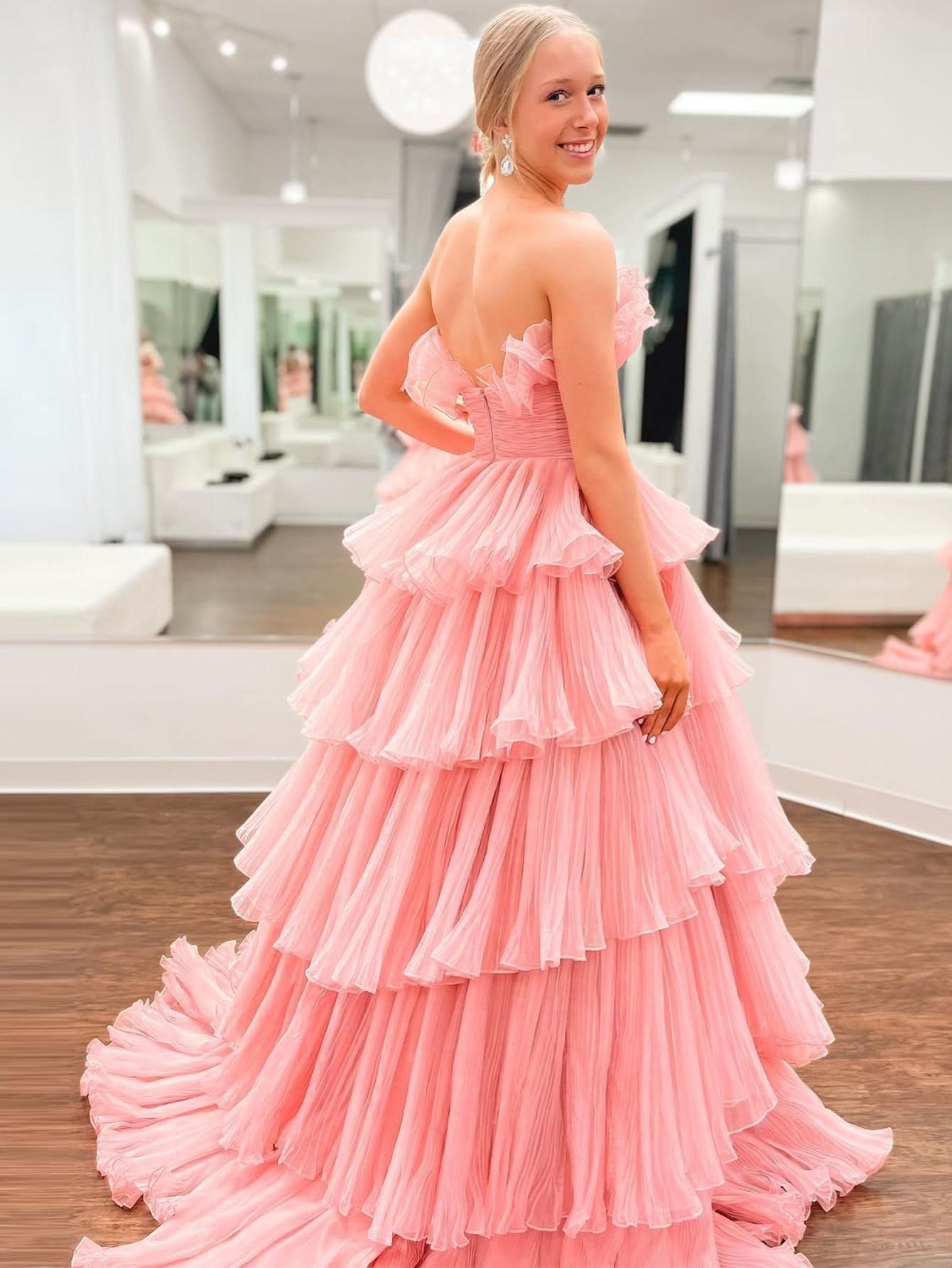 Charming Strapless A-Line Tiered Crinkled Tulle Prom Dress BM bride