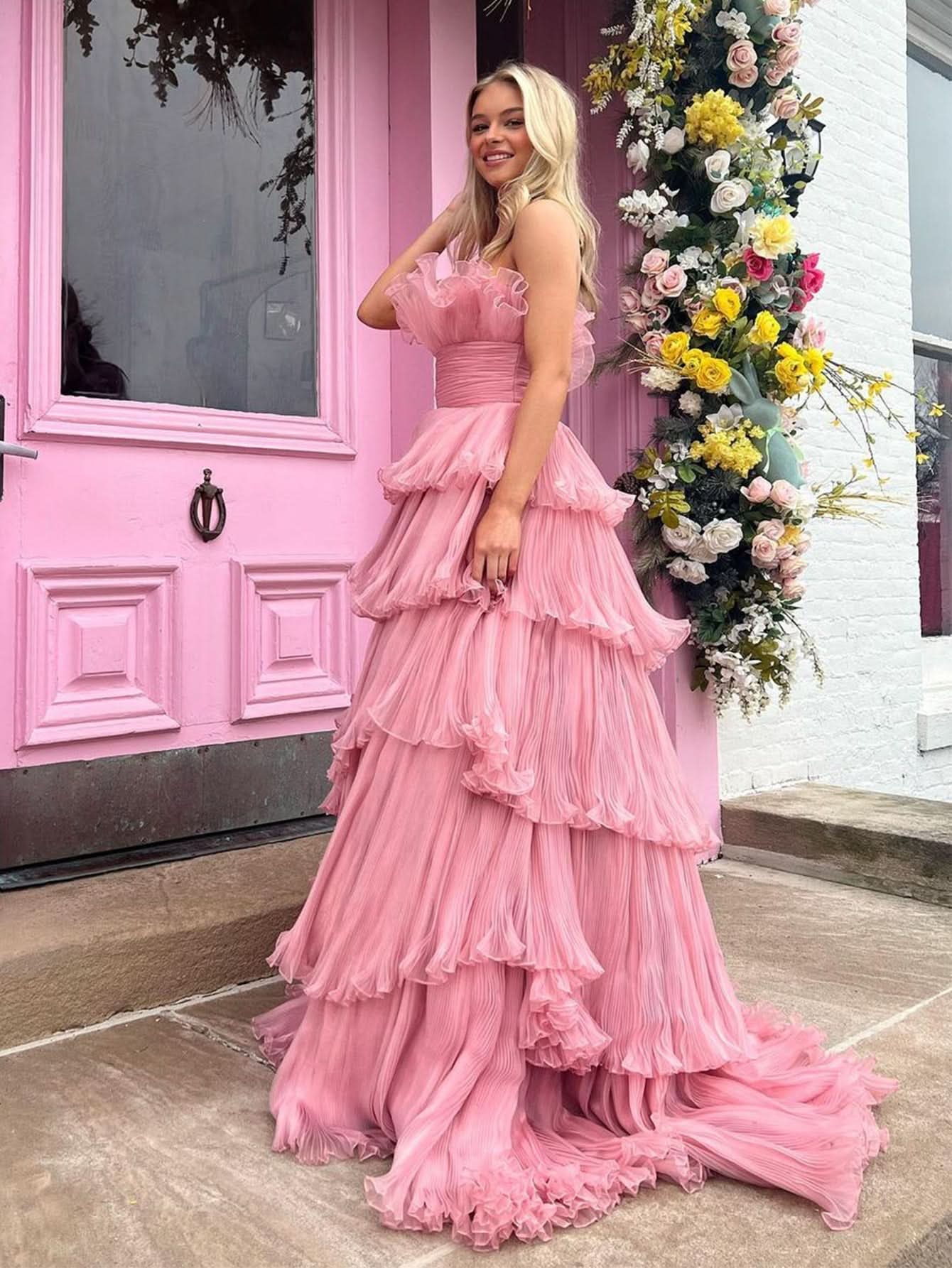 Charming Strapless A-Line Tiered Crinkled Tulle Prom Dress BM bride