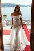 Long Mermaid Off The Shoulder Sequins Wedding Dress With Detachable Sweep Train for a Glamorous Effect BM bride