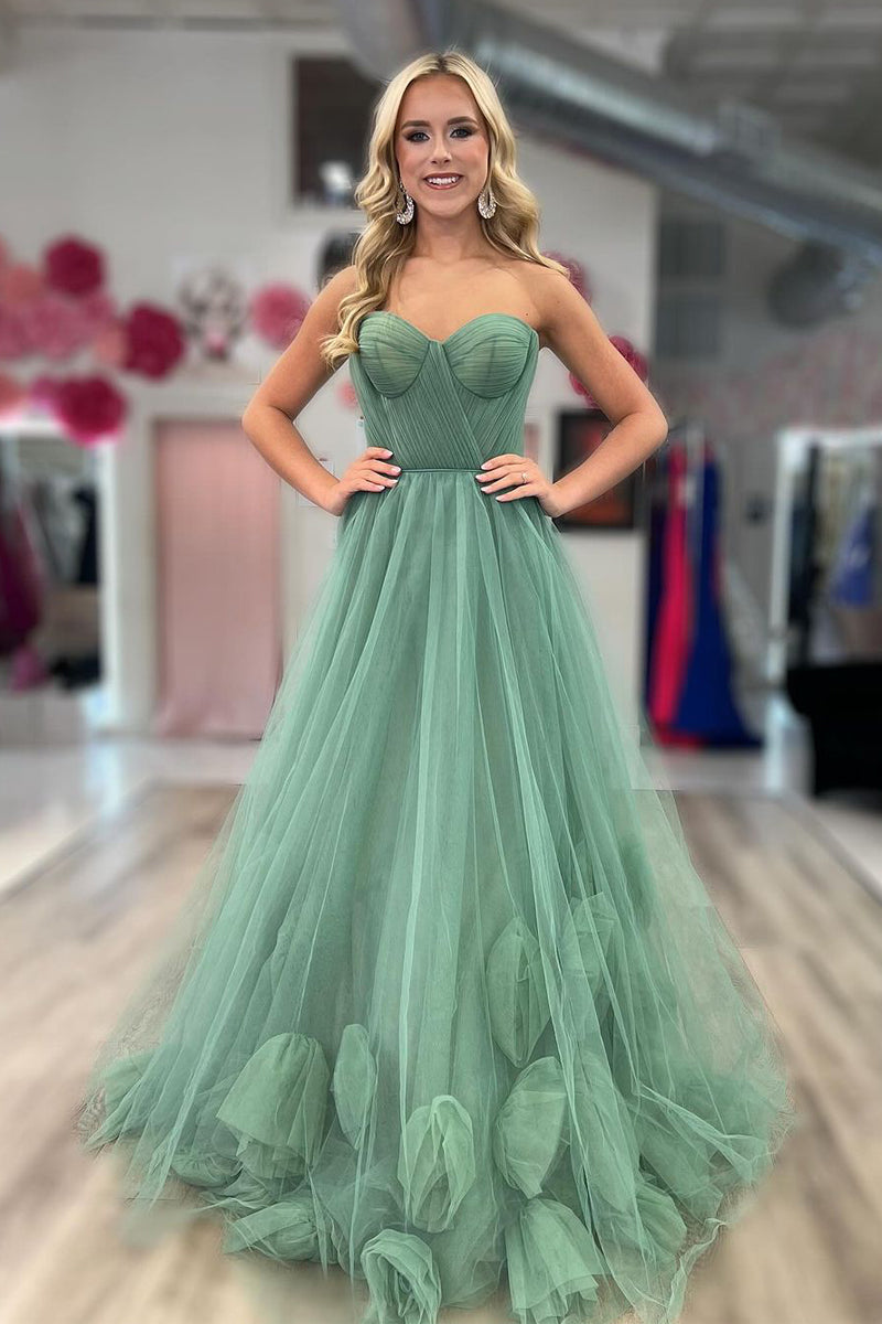 Graceful Green Strapless A-Line Tulle Long Prom Dress BM bride
