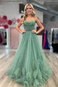 Graceful Green Strapless A-Line Tulle Long Prom Dress BM bride