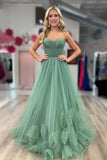Graceful Green Strapless A-Line Tulle Long Prom Dress BM bride
