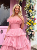 Lovely Pink Strapless A-Line Tiered Crinkled Tulle Prom Dress BM bride