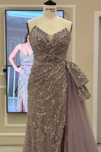 Strapless Sleeveless Beadings Tulle Pleated Long Prom Dress With Split