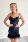 Sparkly Black Sequins Short Tight Homecoming Dress With Feathers Bmbride
