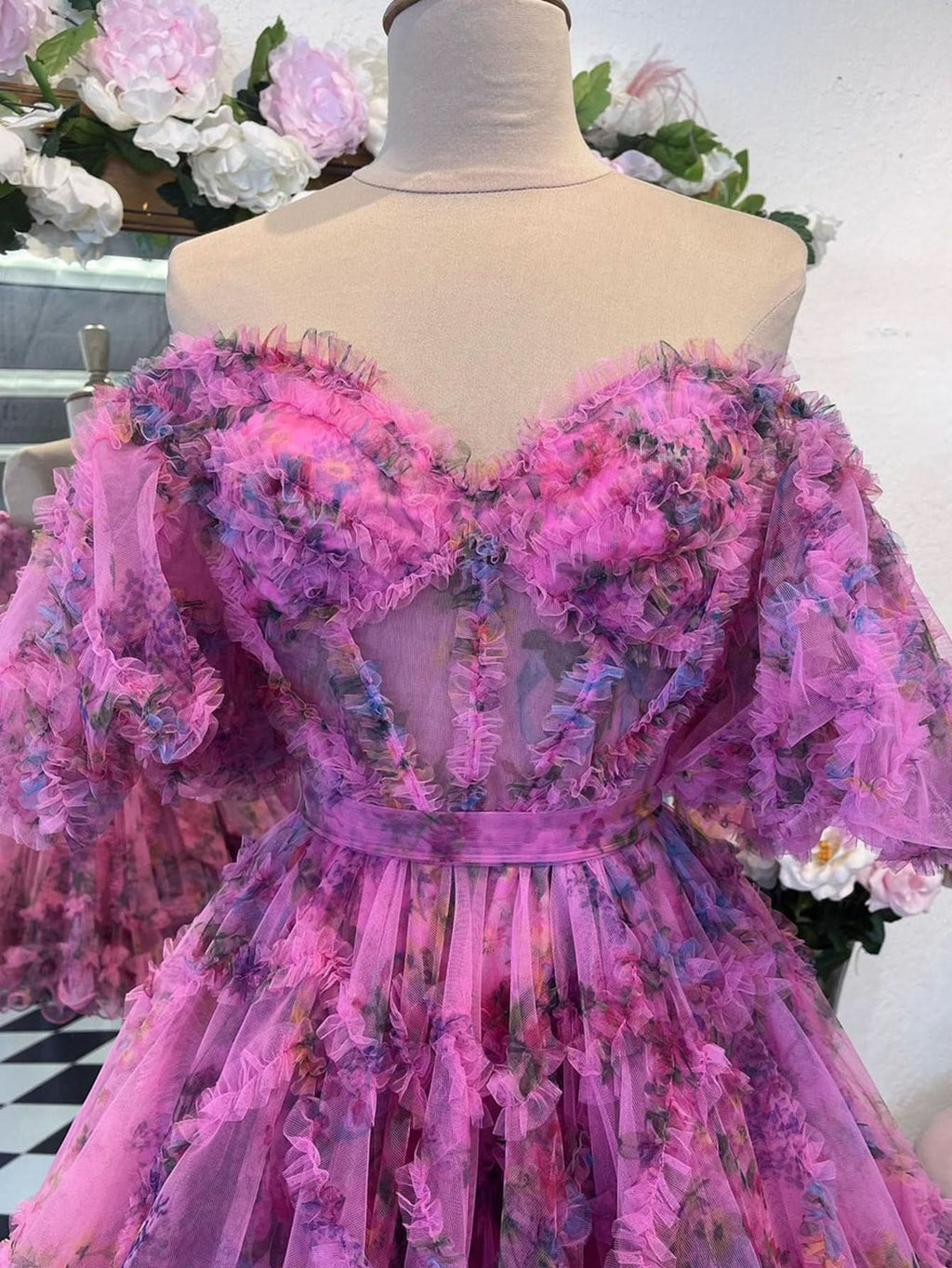 Delightful Pink A-Line Off-the-Shoulder Floral Printed Homecoming Dress BM bride