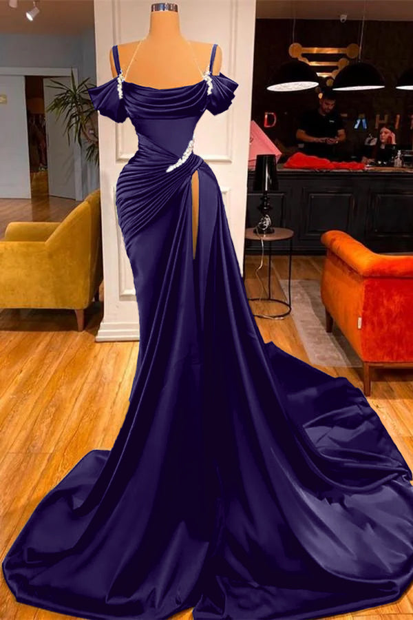 Green Chic Off the Shoulder Beadings Pleated Prom Dress Long With High Split BMBRIDE