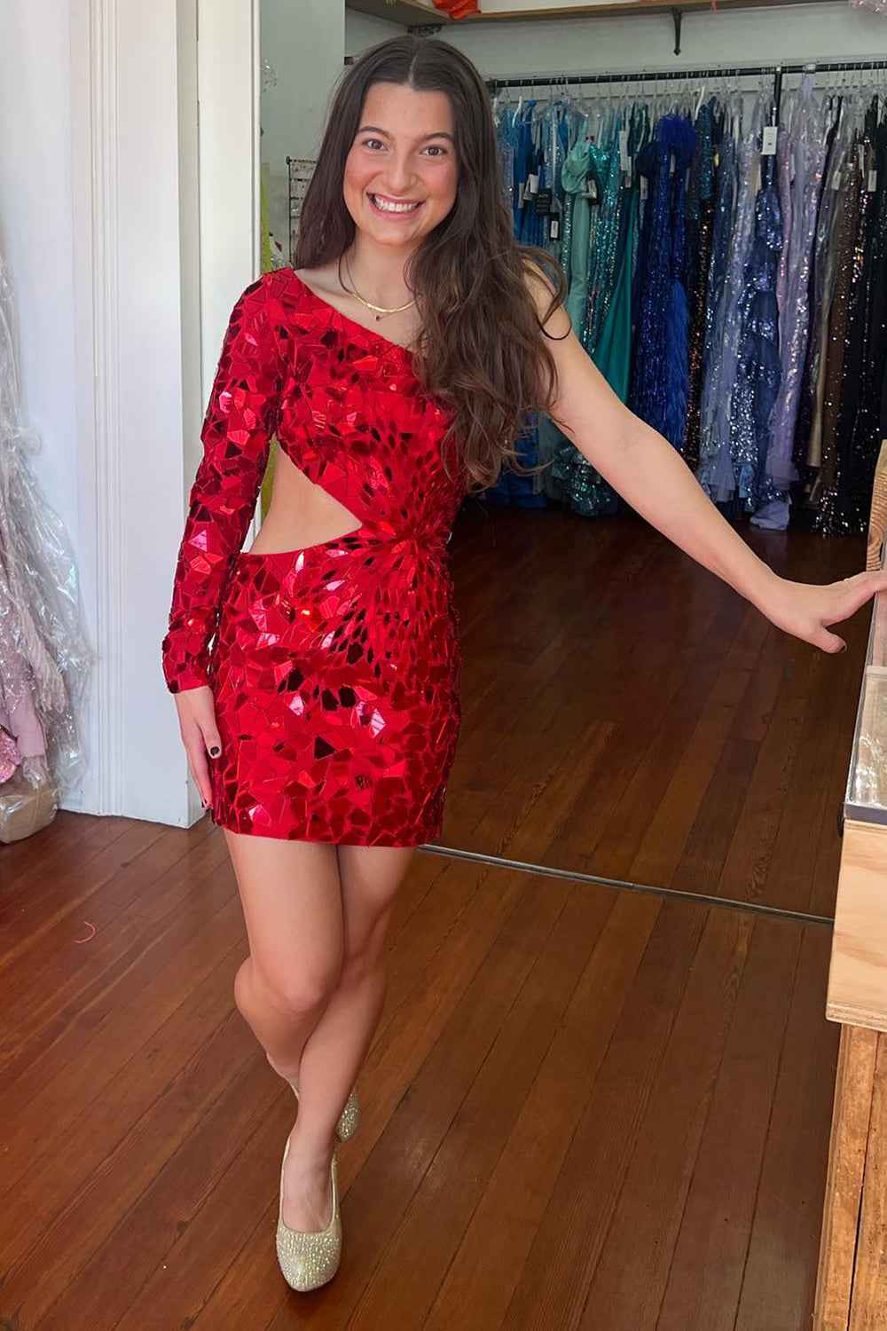 Sparkly Blue One Shoulder Cut Out Tight Mirror Short Homecoming Dress Bmbride