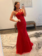 Gorgeous Red Mermaid Halter Lace Long Prom Dress BM bride