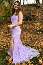 Gorgeous Mermaid Strapless Lace Long Prom Dress with Slit BM bride