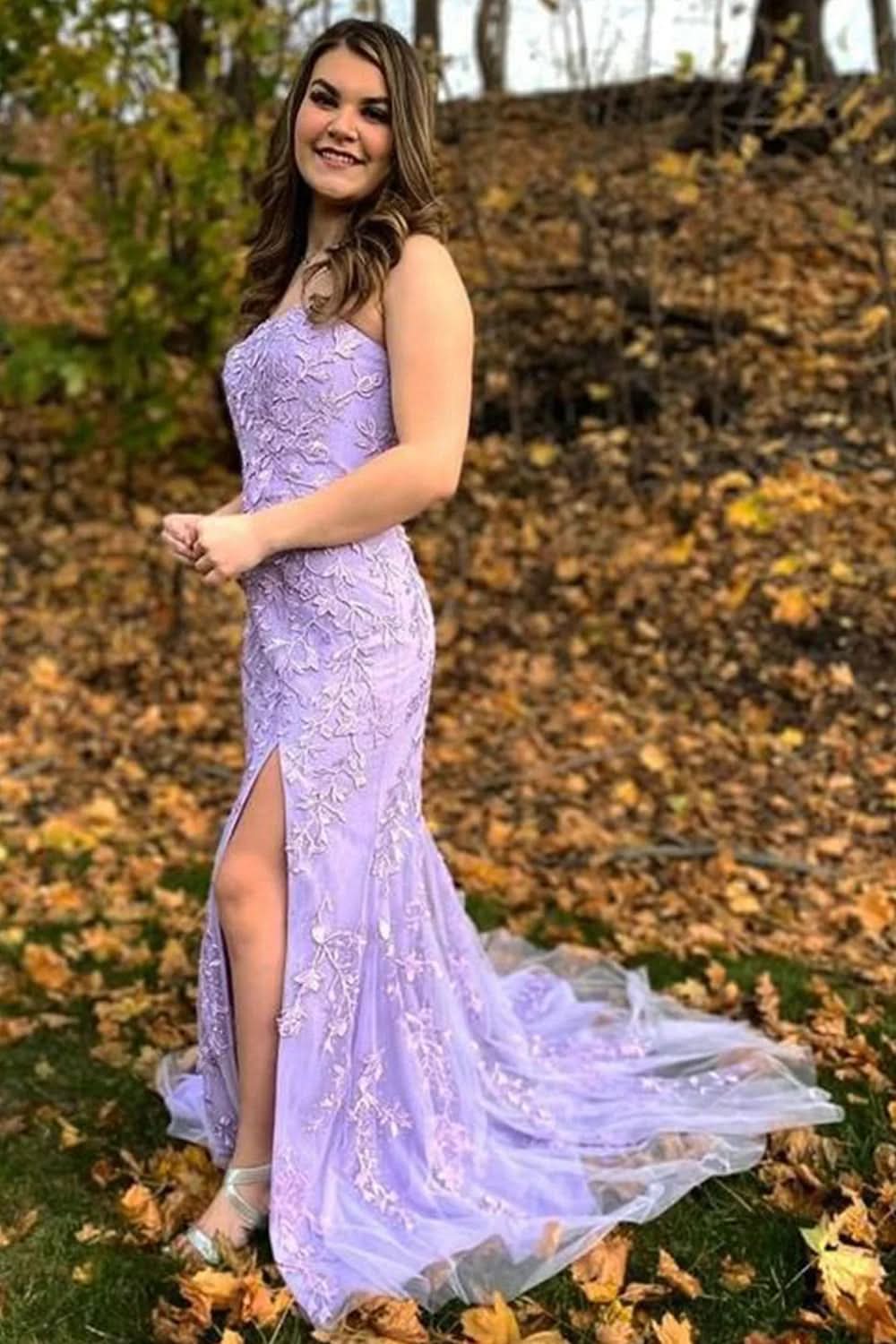Gorgeous Mermaid Strapless Lace Long Prom Dress with Slit BM bride