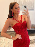 Gorgeous Red Mermaid Halter Lace Long Prom Dress BM bride