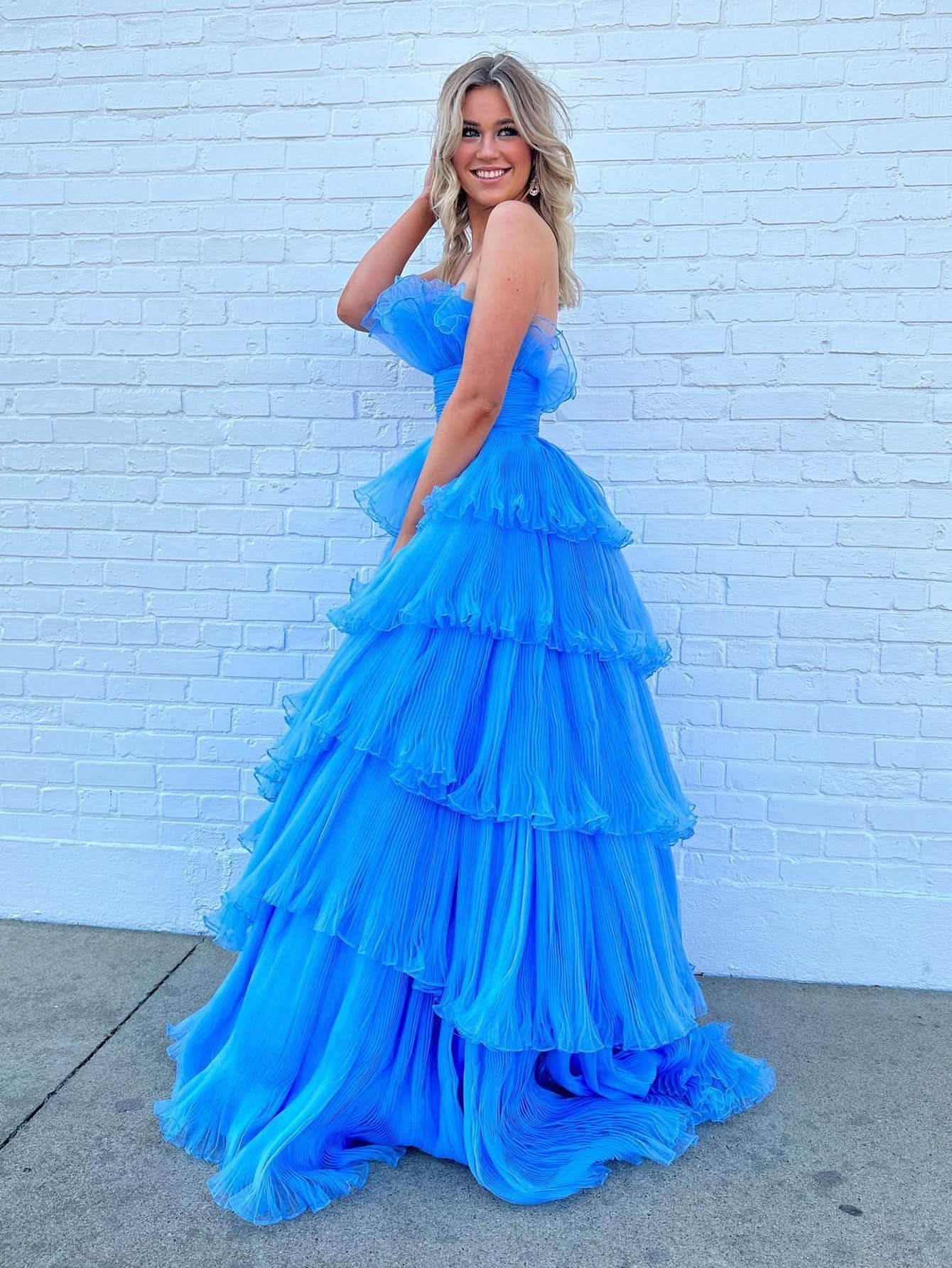 Charming Strapless A-Line Tiered Crinkled Tulle Prom Dress BM bride