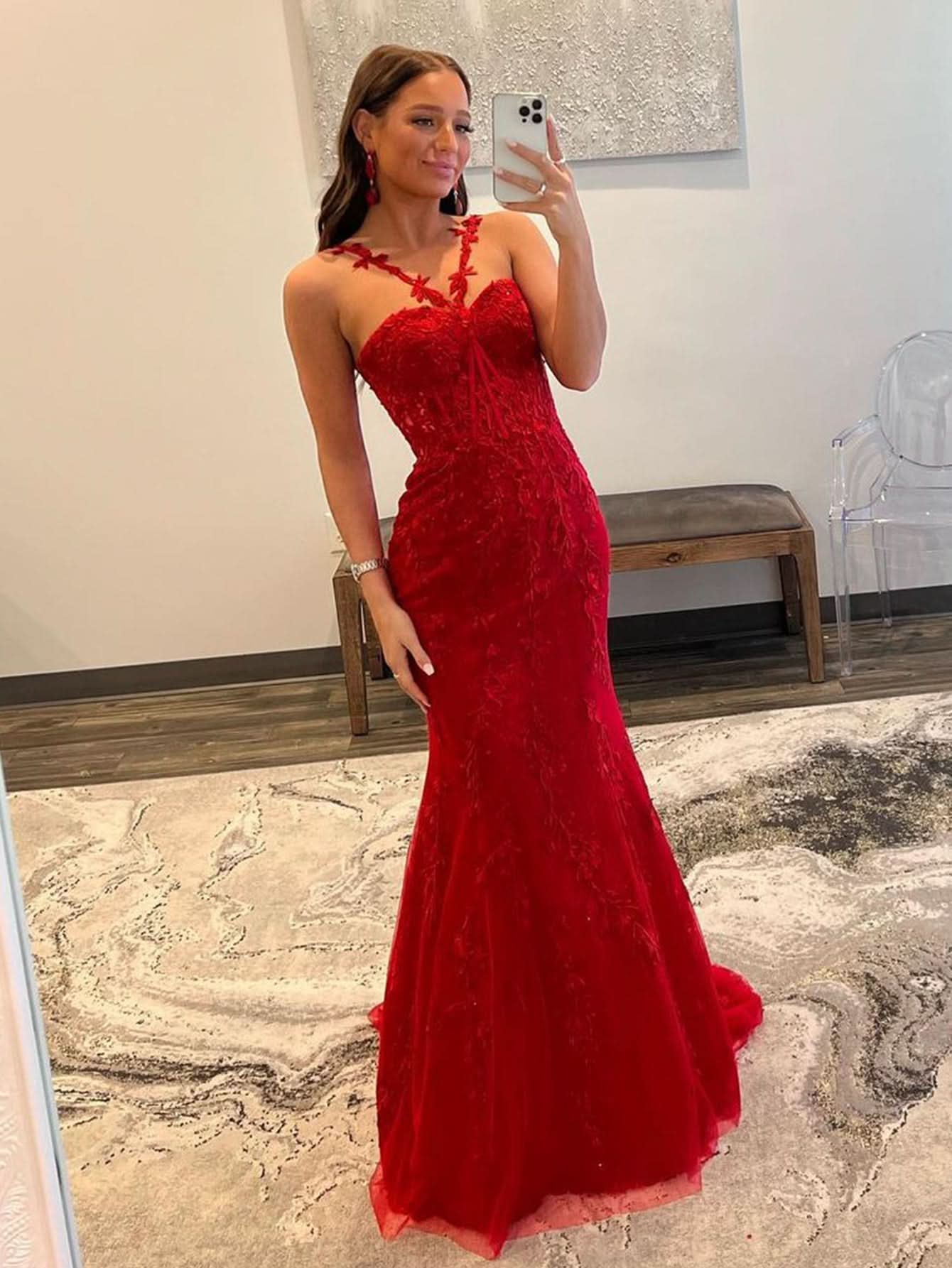 Gorgeous Red Mermaid Halter Lace Long Prom Dress BM bride