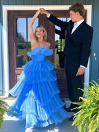 Charming Strapless A-Line Tiered Crinkled Tulle Prom Dress BM bride