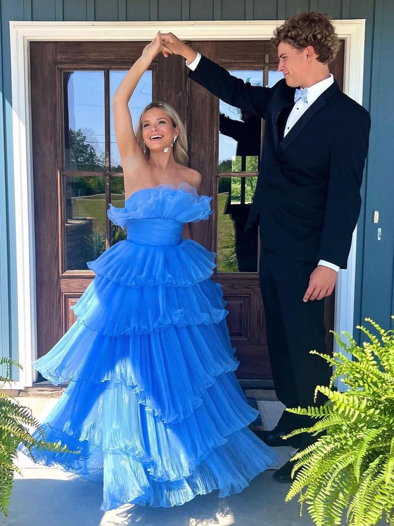 Charming Strapless A-Line Tiered Crinkled Tulle Prom Dress BM bride