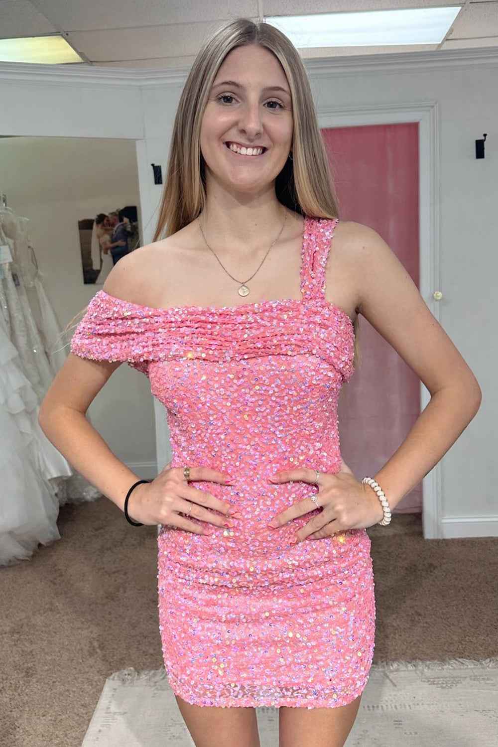 Sparkly One Shoulder Pink Sequins Tight Short Homecoming Dress