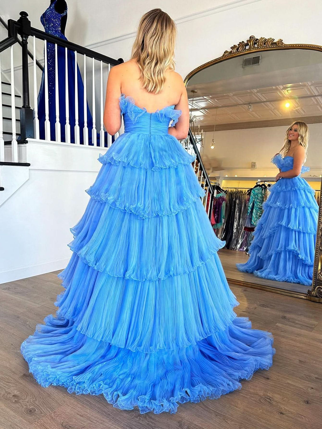 Charming Strapless A-Line Tiered Crinkled Tulle Prom Dress BM bride