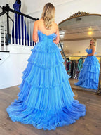 Charming Strapless A-Line Tiered Crinkled Tulle Prom Dress BM bride