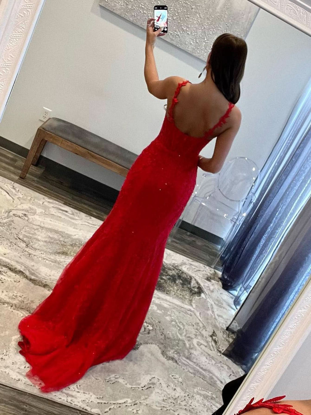 Gorgeous Red Mermaid Halter Lace Long Prom Dress BM bride