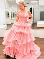 Charming Strapless A-Line Tiered Crinkled Tulle Prom Dress BM bride
