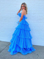 Charming Strapless A-Line Tiered Crinkled Tulle Prom Dress BM bride