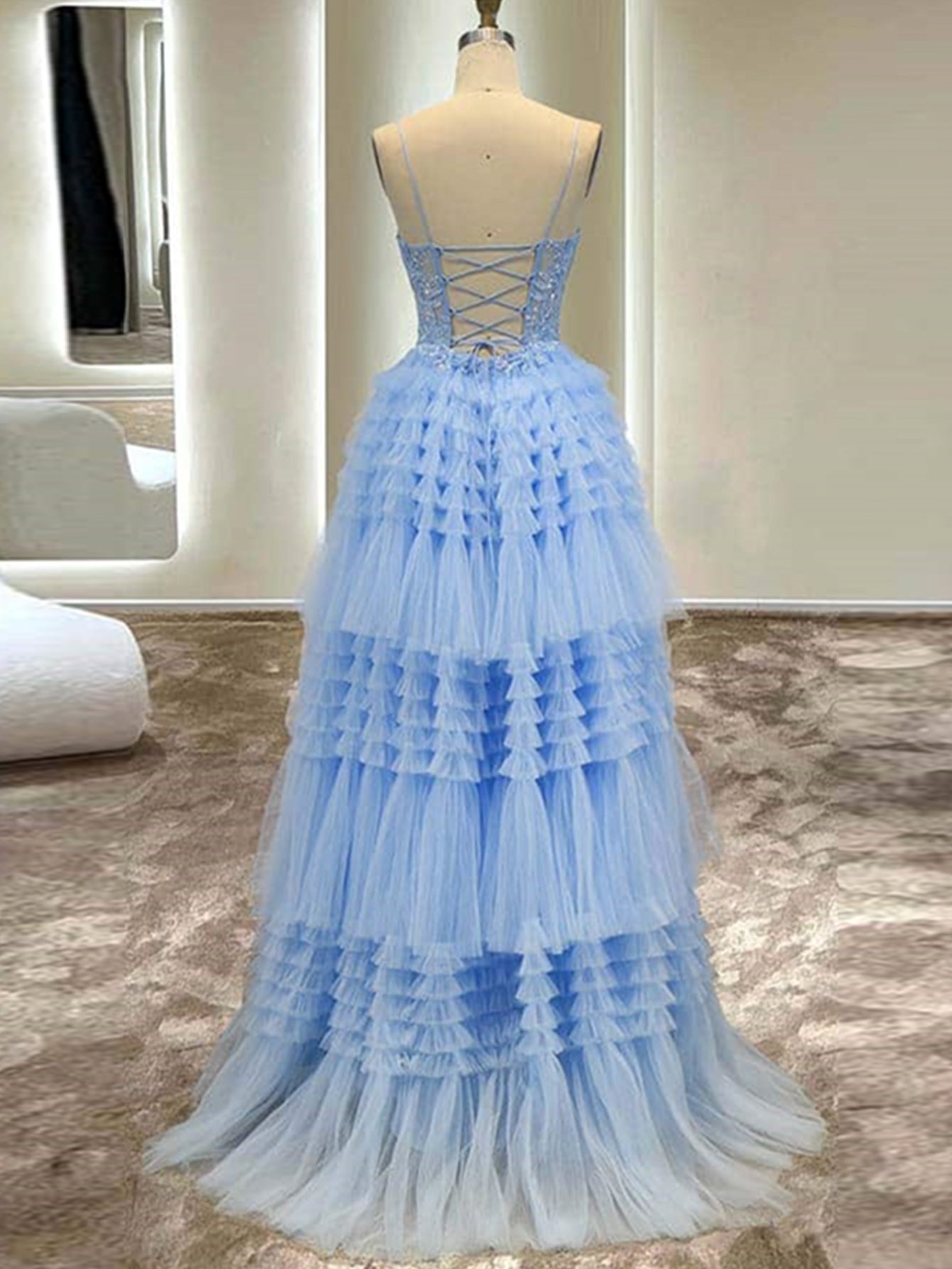 Graceful A-Line Spaghetti Straps Tulle Long Prom Dress BM bride