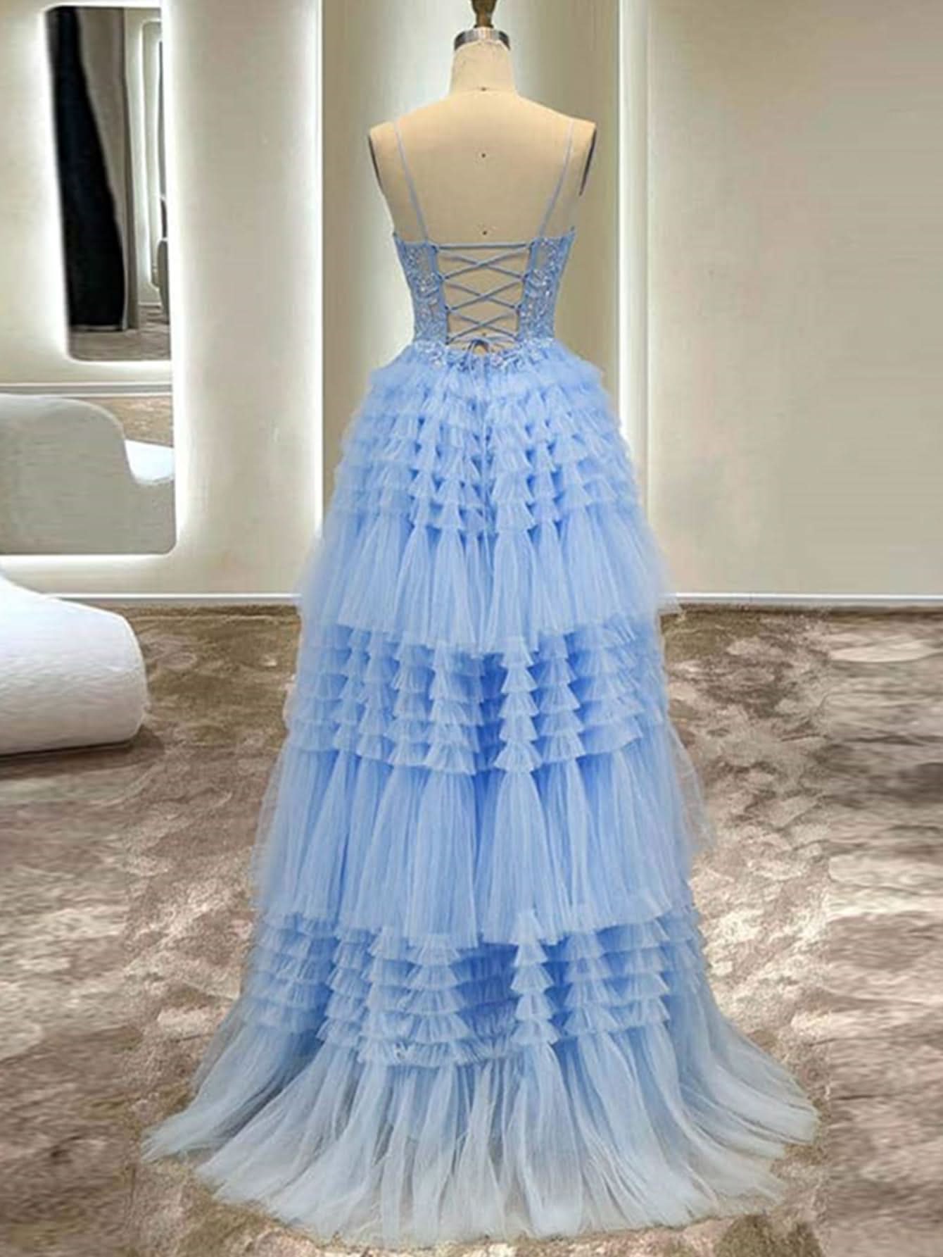 Graceful A-Line Spaghetti Straps Tulle Long Prom Dress BM bride