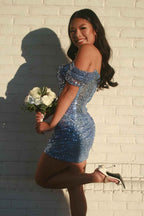 Sparkly Grey Blue Off The Shoulder Tight Short Homecoming Dress