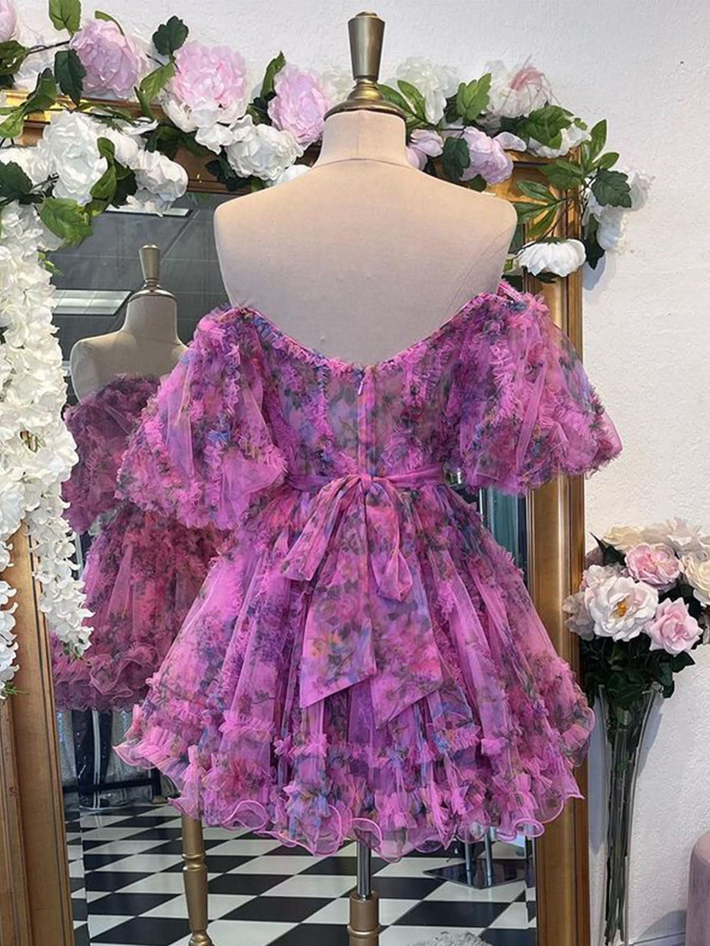 Delightful Pink A-Line Off-the-Shoulder Floral Printed Homecoming Dress BM bride