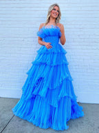 Charming Strapless A-Line Tiered Crinkled Tulle Prom Dress BM bride