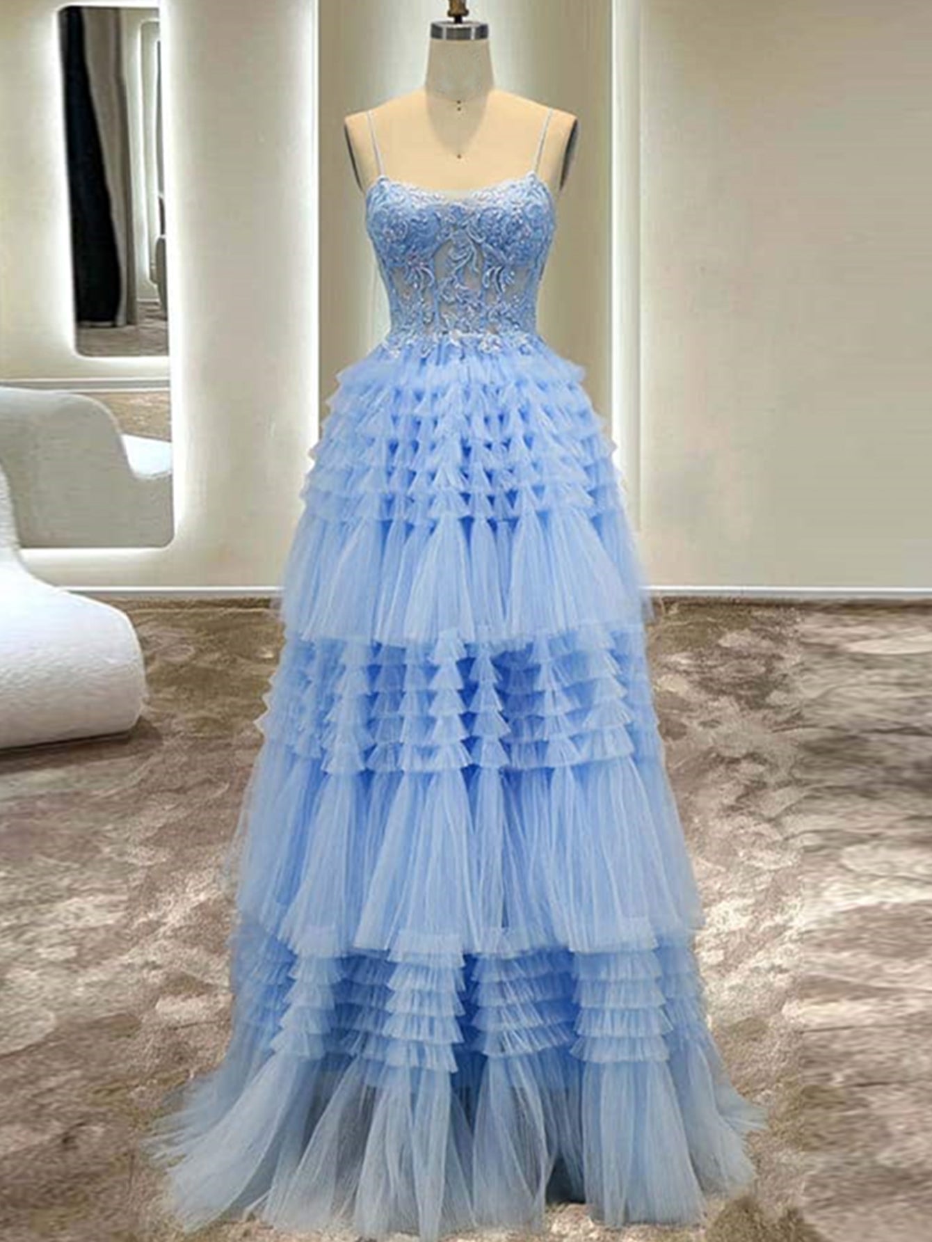 Graceful A-Line Spaghetti Straps Tulle Long Prom Dress BM bride
