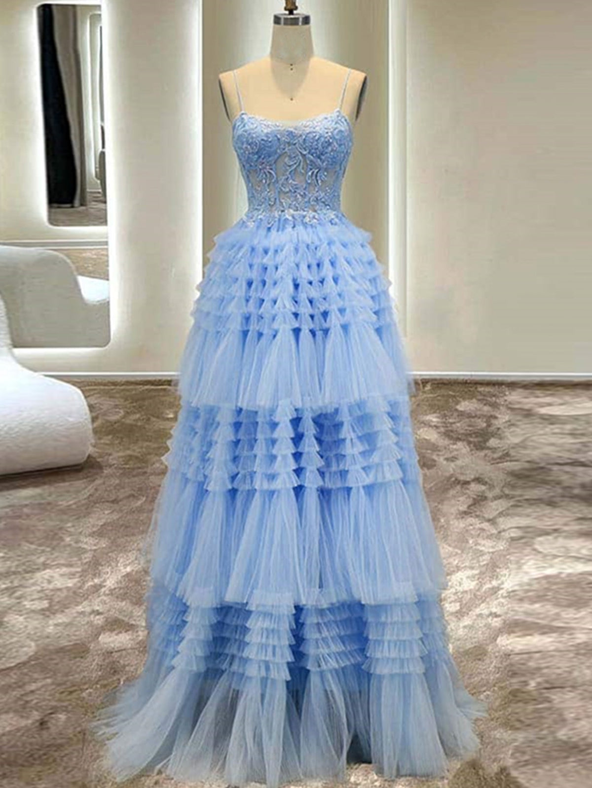 Graceful A-Line Spaghetti Straps Tulle Long Prom Dress BM bride