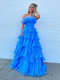 Charming Strapless A-Line Tiered Crinkled Tulle Prom Dress BM bride