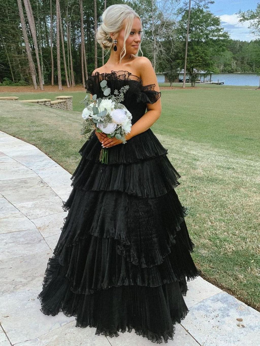 Charming Strapless A-Line Tiered Crinkled Tulle Prom Dress BM bride