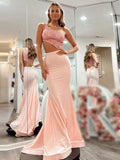 Dazzling Pink Glitter Mermaid One Shoulder Cutout Long Prom Dress BM bride
