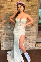 Elegant Mermaid Spaghetti Straps Appliques Prom Dress with Slit BM bride