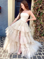 Elegant A-Line Strapless Tulle Long Prom Dress with Tiered Ruffles BM bride