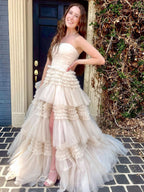 Elegant A-Line Strapless Tulle Long Prom Dress with Tiered Ruffles BM bride