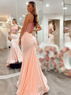 Dazzling Pink Glitter Mermaid One Shoulder Cutout Long Prom Dress BM bride