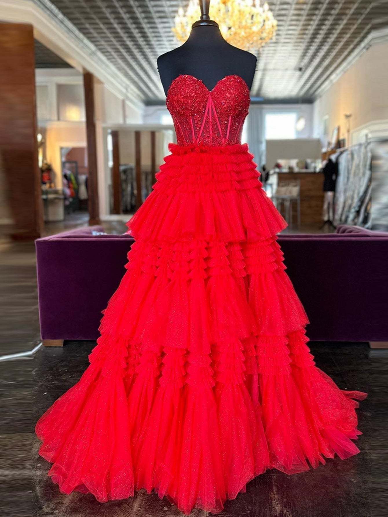 Adorable A-Line Sweetheart Tiered Long Tulle Prom Dress BM bride