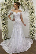 Beautiful Off-the-Shoulder Mermaid Tulle Wedding Dress with Sleeves and Lace BM bride